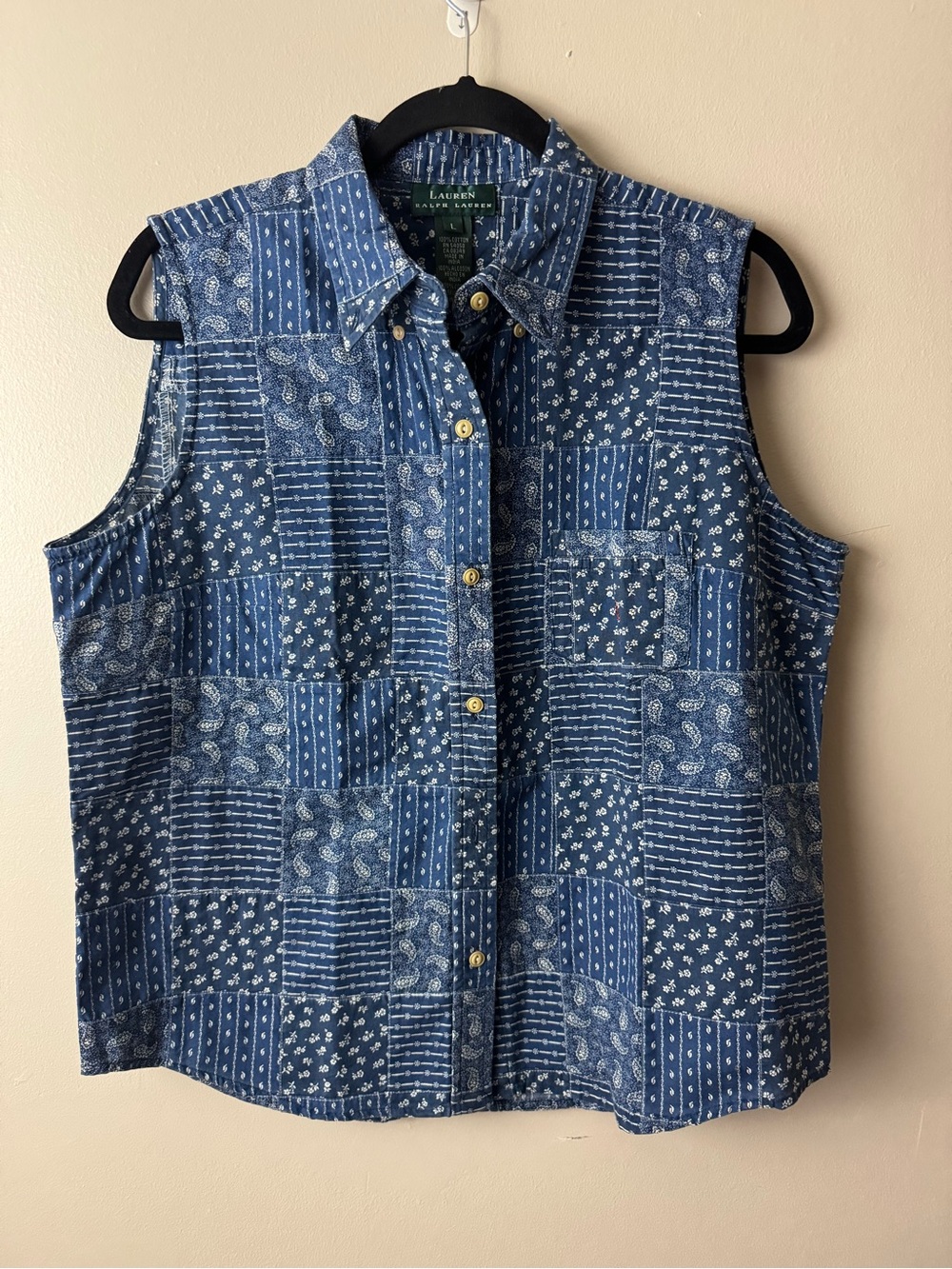 Lauren Ralph Lauren Indigo Patchwork Sleeveless Button Down Cotton Shirt Large